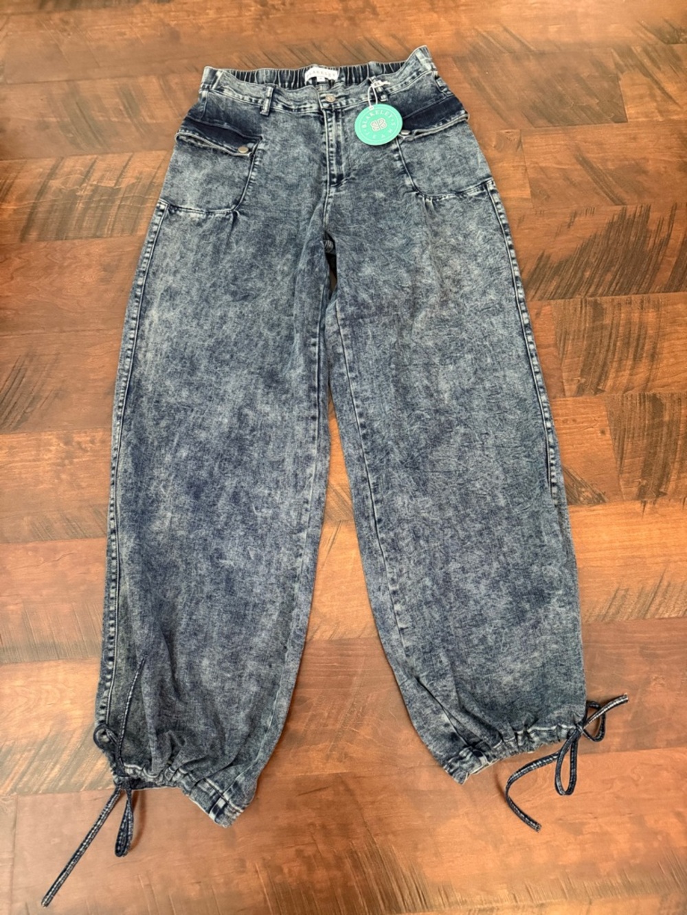 Blakely High-Rise Acid Wash Wide Leg Jeans with Drawstring Hem Women Medium NWT